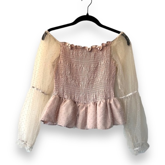 SHEIN Cream Swiss Dot Puff Sleeve Smocked Bodice Blouse - Picture 1 of 7